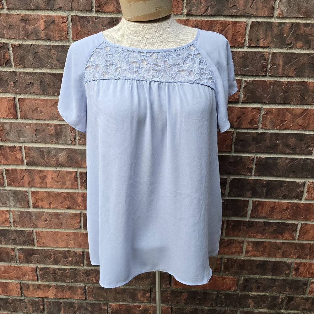 Maeve Blouse Womens 8 Blue Sheer Lace Yoke Short Sleeve Tunic Top Anthropologie